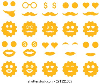 Tool, gear, smile, emotion icons. Vector set style: flat images, yellow symbols, isolated on a white background.