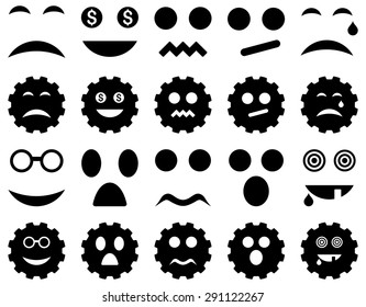 Tool, gear, smile, emotion icons. Vector set style: flat images, black symbols, isolated on a white background.