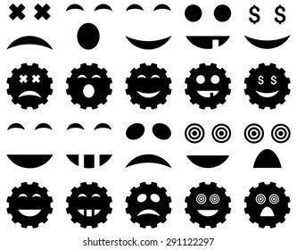 Tool, gear, smile, emotion icons. Vector set style: flat images, black symbols, isolated on a white background.