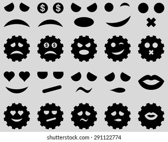 Tool, gear, smile, emotion icons. Vector set style: flat images, black symbols, isolated on a light gray background.