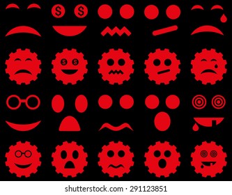 Tool, gear, smile, emotion icons. Vector set style: flat images, red symbols, isolated on a black background.