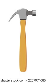 Tool is a hammer on a wooden handle. Flat style. On a white background.