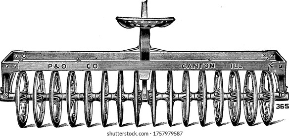 Herramienta con 16 o más ruedas metálicas utilizadas para cortar el campo agrícola, dibujo vintage o ilustración de grabado.