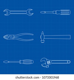Tool for home repair on the background of the blueprint. Hammer, screwdriver, wrench, pliers. EPS10.