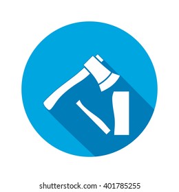 Tool icon. Axe, hache instrument. Work, job, labour, toil, repair, fix, building symbol. White sign on round button with long shadow. Vector isolated
