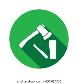 Tool icon. Axe, hache instrument. Work, job, labour, toil, repair, fix, building symbol. White sign on round button with long shadow. Vector isolated