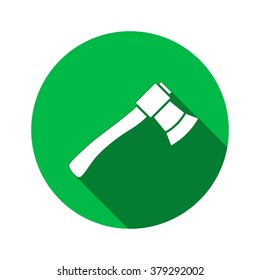 Tool icon. Axe, hatchet instrument. Work, job, labor, toil, repair, fix, building symbol. White sign on round green button with long shadow. Vector isolated