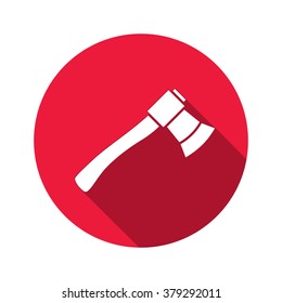 Tool icon. Axe, hatchet instrument. Work, job, labor, toil, repair, fix, building symbol. White sign on round red button with long shadow. Vector isolated