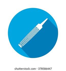 Tool icon. Chisel, rasp file, grater instrument. Industrial, fixing, support hardware service symbol. White sign on round blue flat button. Vector  