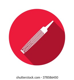 Tool icon. Chisel, rasp file, grater instrument. Industrial, fixing, support hardware service symbol. White sign on round red flat button. Vector  