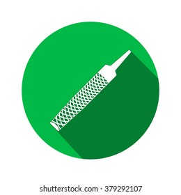 Tool icon. Chisel, rasp file, grater instrument. Industrial, fixing, support hardware service symbol. White sign on round green flat button. Vector  