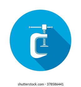 Tool icon. Clamp vise vice, joiners cramp, G-press instrument. Industrial, fixing, support symbol. White sign on round blue flat button. Vector  