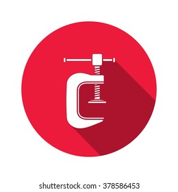 Tool icon. Clamp vise vice, joiners cramp, G-press instrument. Industrial, fixing, support symbol. White sign on round red flat button. Vector  