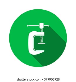 Tool icon. Clamp vise vice, joiners cramp, G-press instrument. Industrial, fixing, support symbol. White sign on round green flat button. Vector  