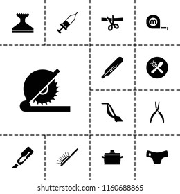 Tool icon. collection of 13 tool filled icons such as children panties, thermometer, spoon and fork, injection, pan. editable tool icons for web and mobile.