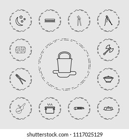 Tool icon. collection of 13 tool outline icons such as pan, clean brush, sewing, garden tools, moon and stars, cutter, axe weapon. editable tool icons for web and mobile.