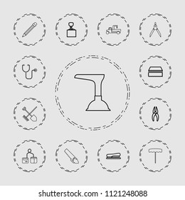 Tool icon. collection of 13 tool outline icons such as sponge, nippers, hook with cargo, stapler, shovel and rake, plunger, pencil. editable tool icons for web and mobile.