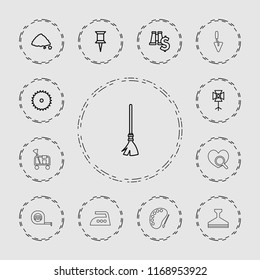 Tool icon. collection of 13 tool outline icons such as pin, blade saw, ground heap, binoculars with dollar sign, soft box. editable tool icons for web and mobile.