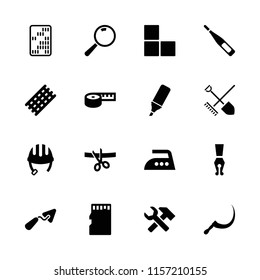 Tool icon. collection of 16 tool filled icons such as brick wall, helmet, hair curler, trowel, scythe, highlighter, memory card. editable tool icons for web and mobile.