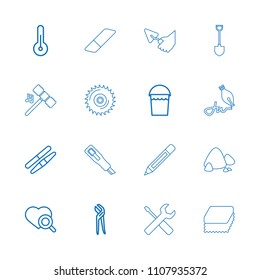 Tool icon. collection of 16 tool outline icons such as sawing, bucket, pliers, heart search, temperature, pencil, hammer, sponge. editable tool icons for web and mobile.