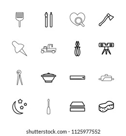 Tool icon. collection of 16 tool outline icons such as sponge, pliers, level ruler, pen, ruler, moon and stars, pan, axe weapon. editable tool icons for web and mobile.