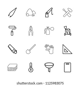 Tool icon. collection of 16 tool outline icons such as tweezers, cutting board, cleaning tools, saw, filter, ruler, cargo crane. editable tool icons for web and mobile.