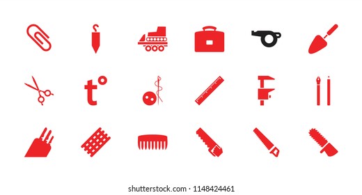 Tool icon. collection of 18 tool filled icons such as hair curler, needle button, pen, medical scissors, knife, temperature, case. editable tool icons for web and mobile.