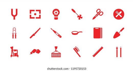 Tool icon. collection of 18 tool filled icons such as ruler, manicure scissors, hair brush, pen, spoon and fork, cargo on hook. editable tool icons for web and mobile.
