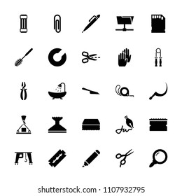 Tool icon. collection of 25 tool filled icons such as razor, barber scissors, shower, dustpan, sponge, window squeegee, toilet brush. editable tool icons for web and mobile.
