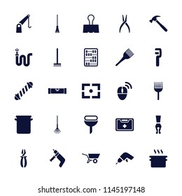 Tool icon. collection of 25 tool filled icons such as level ruler, hair curler, coloring brush, broom, drill, pliers, clamp, pan, rake. editable tool icons for web and mobile.