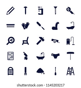 Tool icon. collection of 25 tool filled icons such as children panties, shower, sponge, clean brush, pencil, nail, screw, hummer. editable tool icons for web and mobile.