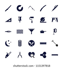 Tool icon. collection of 25 tool filled icons such as tweezers, hair curler, pin, roller, pliers, ruler, share, scythe. editable tool icons for web and mobile.