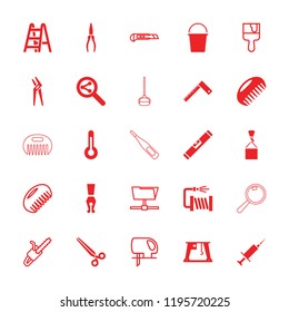Tool icon. collection of 25 tool filled and outline icons such as comb, water hose, cargo crane, temperature, electric saw. editable tool icons for web and mobile.