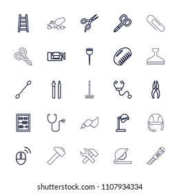 Tool icon. collection of 25 tool outline icons such as comb, barber brush, manicure scissors, barber scissors, salon hair dryer. editable tool icons for web and mobile.