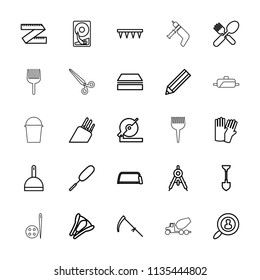 Tool icon. collection of 25 tool outline icons such as compass, glove, dustpan, sponge, dust brush, pencil, shovel, circular saw. editable tool icons for web and mobile.