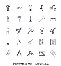 Tool icon. collection of 25 tool outline icons such as level ruler, hammer, barber scissors, shaving brush, abacus, wrench, chainsaw. editable tool icons for web and mobile.