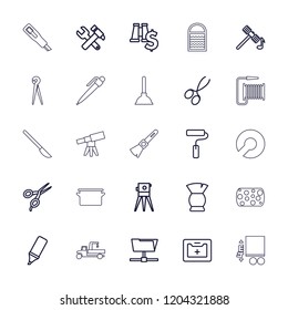 Tool icon. collection of 25 tool outline icons such as hammer, barber scissors, manicure scissors, brush, hummer and wrench. editable tool icons for web and mobile.