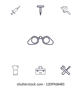 Tool icon. collection of 7 tool outline icons such as wrench and screwdriver, brush, roller, binoculars. editable tool icons for web and mobile.