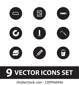 Tool icon. collection of 9 tool filled icons such as expander sport, thermometer, sponge, hacksaw, abacus, glue pen, level ruler. editable tool icons for web and mobile.