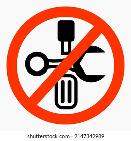 The tool icon is crossed out in a red circle. Repair ban. Do not exploit. Simple use. Vector icon.