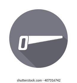 Tool icon. Saw, nagger instrument. Work, job, labour, toil, repair, fix, building symbol. White sign on round button with long shadow. Vector isolated