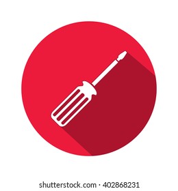 Tool icon. Screwdriver, turnscrew instrument. Industrial, fixing, support hardware service symbol. White sign on round flat button. Vector  