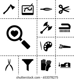 Tool icon. set of 13 filled toolicons such as glove, tweezers, clean brush, pliers, vice clamp, saw, heart search, pen tool on tablet, axe weapon, palette, filter