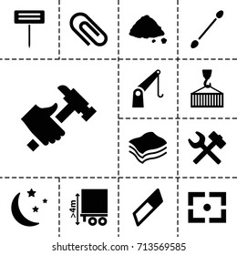 Tool icon. set of 13 filled tool icons such as cotton buds, hummer, gardening tool, ground heap, cargo height, cargo on hook, cargo crane, moon and stars, sponge, center focus