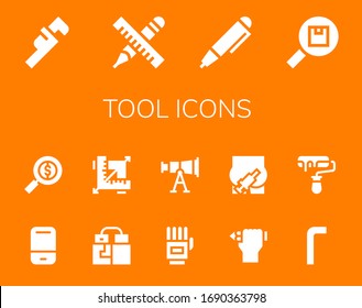 conjunto de iconos de la herramienta. 14 iconos de herramientas rellenos.  Iconos modernos sencillos, como: Llave, Lápiz, Lápiz, Lápiz, Búsqueda, Borrador, Guantes, Diseño, Telescopio, Inyección, Claves Allen, Rollo