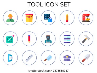 tool icon set. 15 flat tool icons.  Simple modern icons about  - engineer, sewing, paint, pencil, database, welder, justify, coffee machine, hammer, carabiner, ruler, cleaver