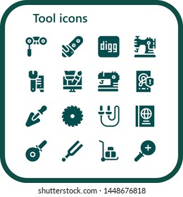 tool icon set. 16 filled tool icons.  Collection Of - Binoculars, Chainsaw, Digg, Sewing machine, Wrench, Design, Sewing, Hard disk, Trowel, Saw, Skip rope, Passports, Pizza cutter