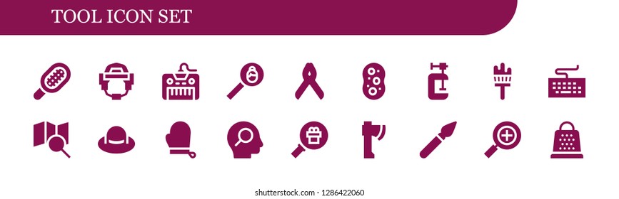  tool icon set. 18 filled tool icons. Simple modern icons about  - Comb, Helmet, Keyboard, Search, Pliers, Sponge, Clamp, Painting brush, Hat, Gloves, Magnifying glass, Axe, Paint brush