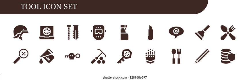  tool icon set. 18 filled tool icons. Simple modern icons about  - Helmet, Color, Screw, Welder, Cleaning spray, Cutter, Arroba, Plunger, Cutlery, Magnifying glass, Measure, Key