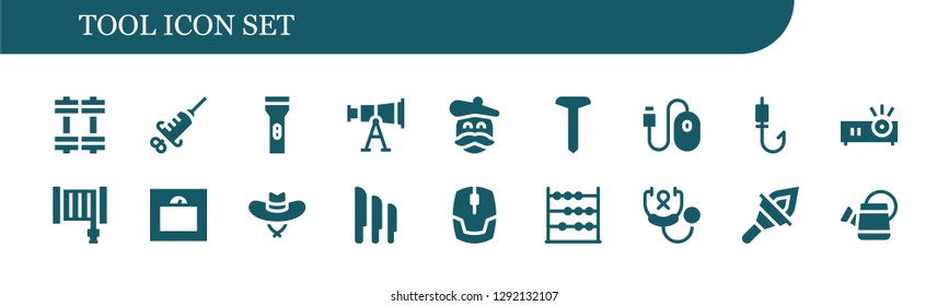  tool icon set. 18 filled tool icons. Simple modern icons about  - Weights, Syringe, Flashlight, Telescope, Artist, Screw, Mouse, Fishing rod, Projector, Hose, Weight, Hat, Knives